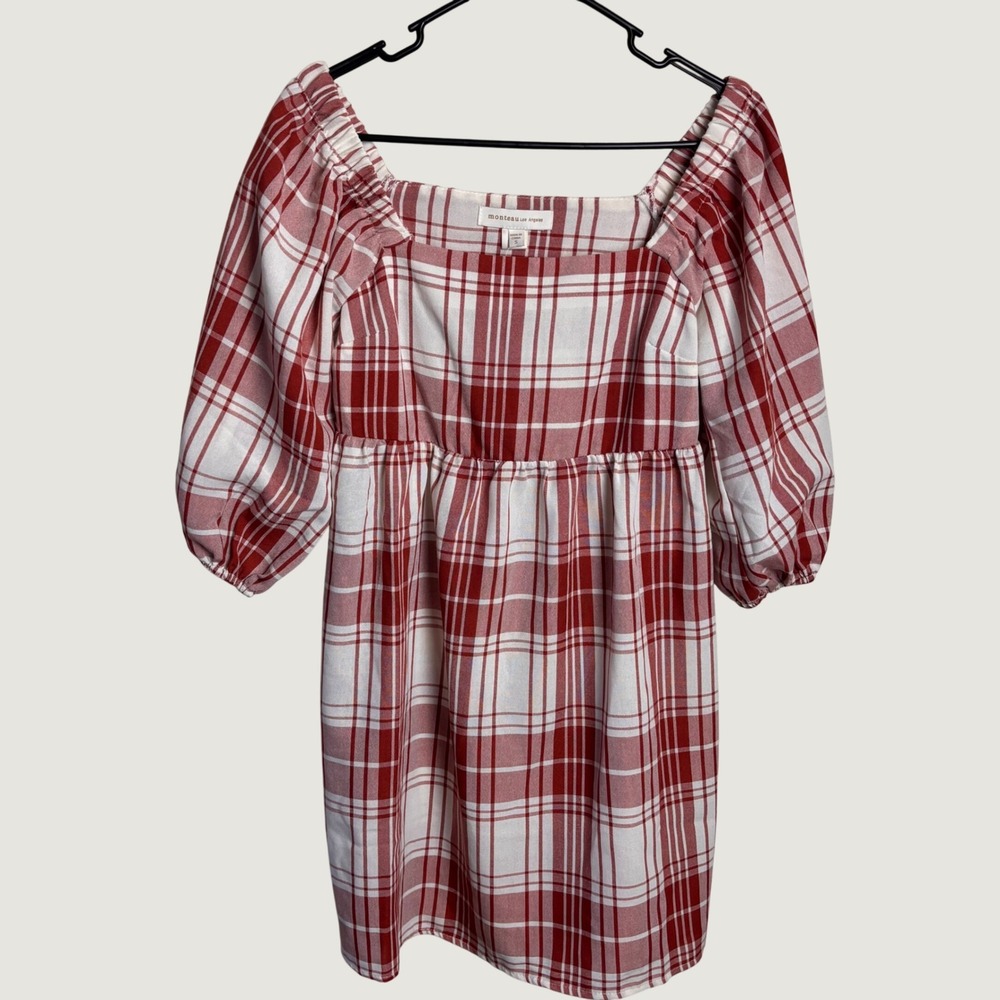 New Monteau Los Angeles S Red Plaid Babydoll Mini Dress Puff Sleeve Cottagecore - Picture 2 of 12